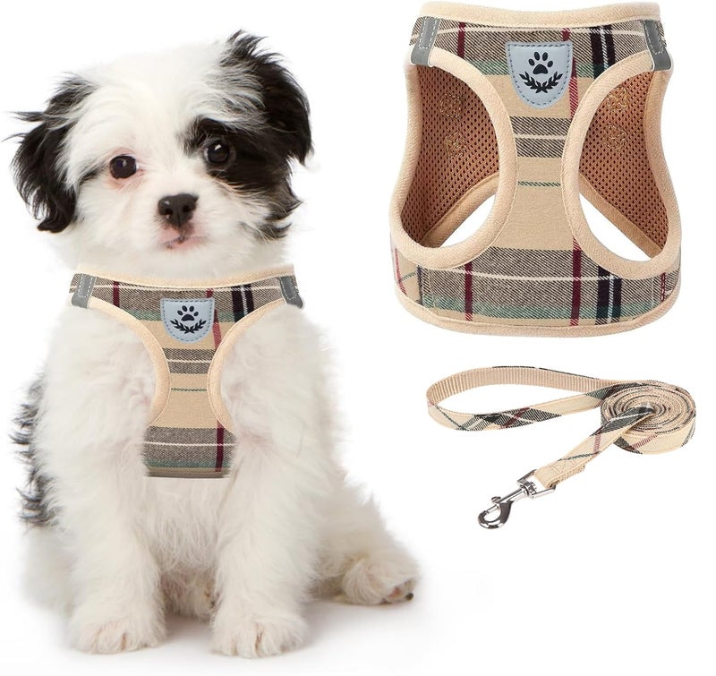 KOOLTAIL Dog Harness for Small Medium Dogs,Dog Harness and Leash Set, Step in No Pull Soft Mesh Padded Adjustable and Reflective Pet Vest Harness Puppy, Plaid Extra Harness for XS S Dogs, Beige XS - Image 1